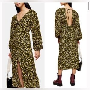 Topshop floral print godet‎ twist long sleeve yellow maxi dress size 6